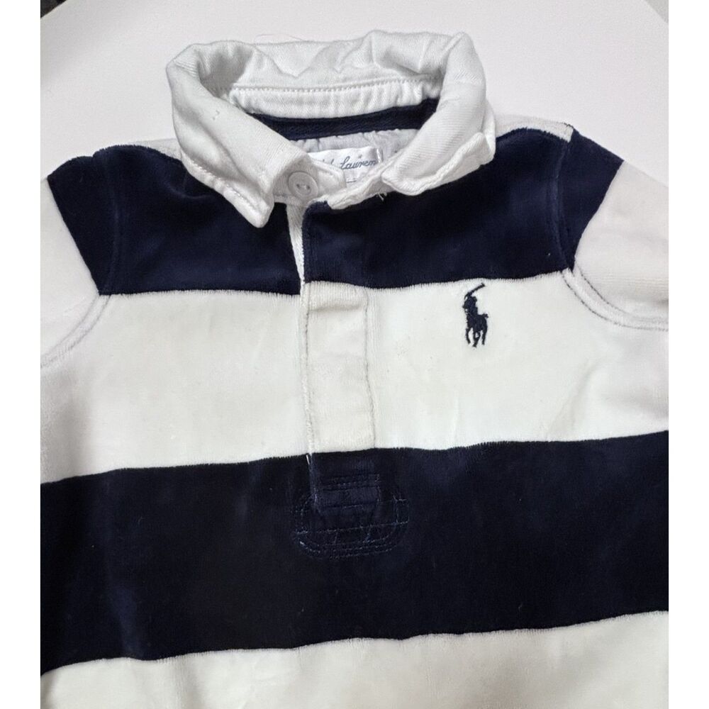 Ralph Lauren Baby 9M Navy White Rugby Stripe Footed Coverall One Piece Romper